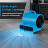 Blue 3-speed air mover with 130° wide-angle airflow coverage, ideal for efficient ventilation in various environments.