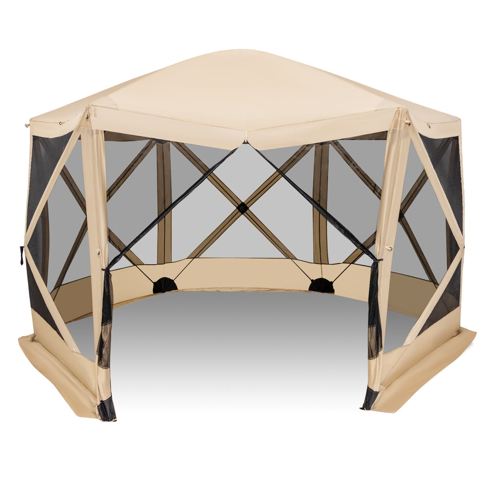 Pop-up screen house tent with mesh sidewalls, 11.5 x 11.5 ft, offers sun protection and bug-free outdoor enjoyment.