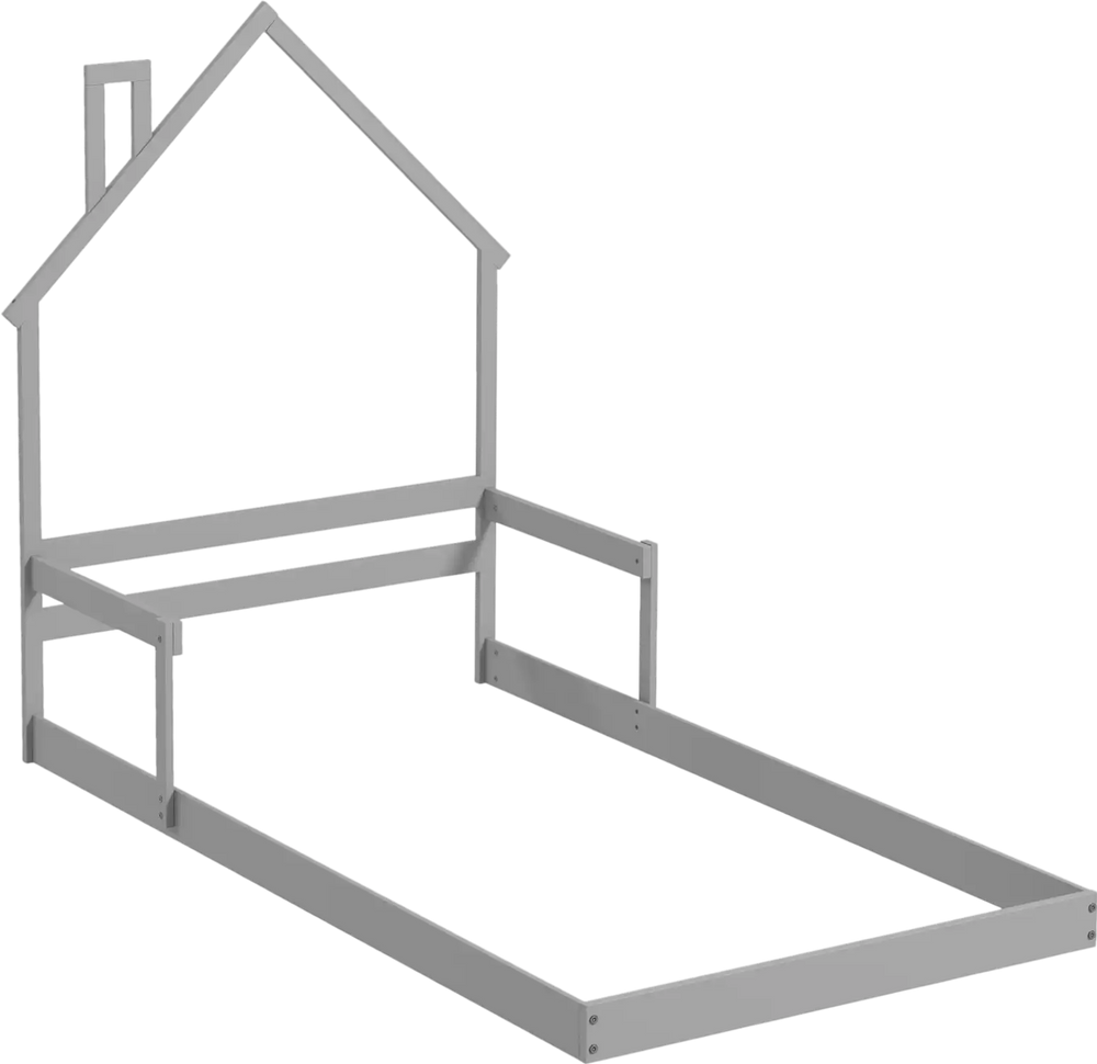 Twin size gray floor bed with house shape, chimney, and side handrails for kids' safety and independence.