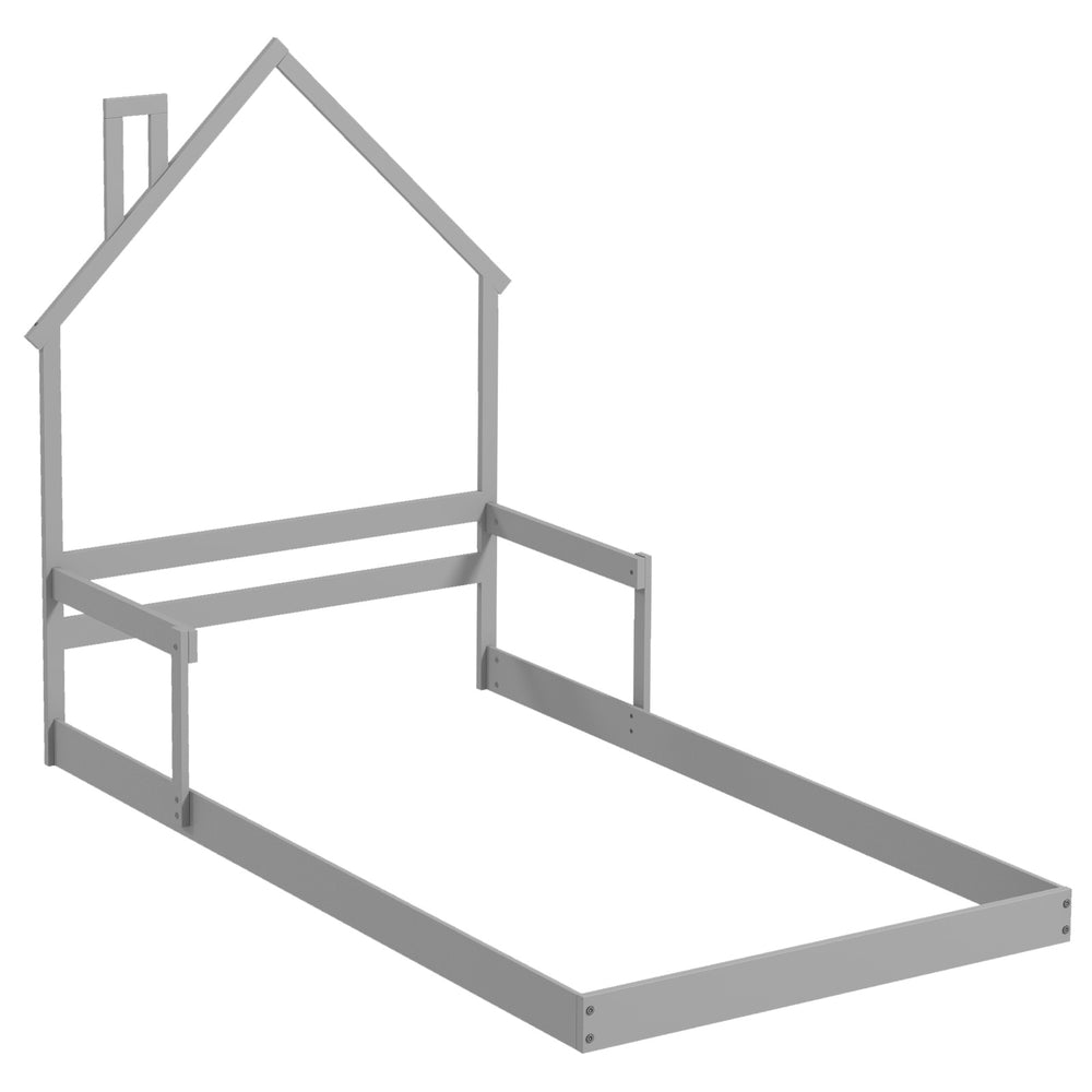 Twin Size Floor Bed with Chimney and Headboard and Handrail-Gray - Gallery View 1 of 1