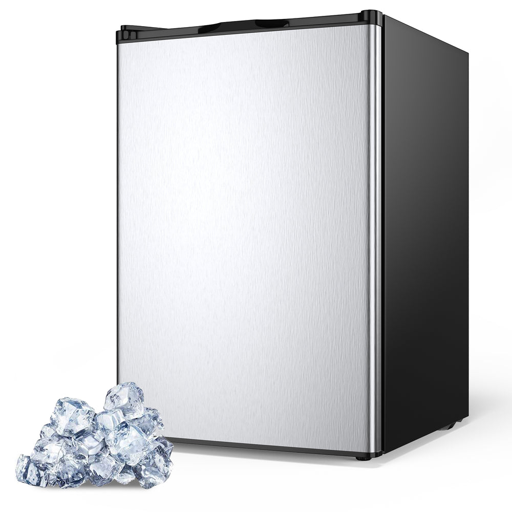 Compact 3 cubic feet upright freezer with stainless steel door and black cabinet, ideal for small spaces and easy.
