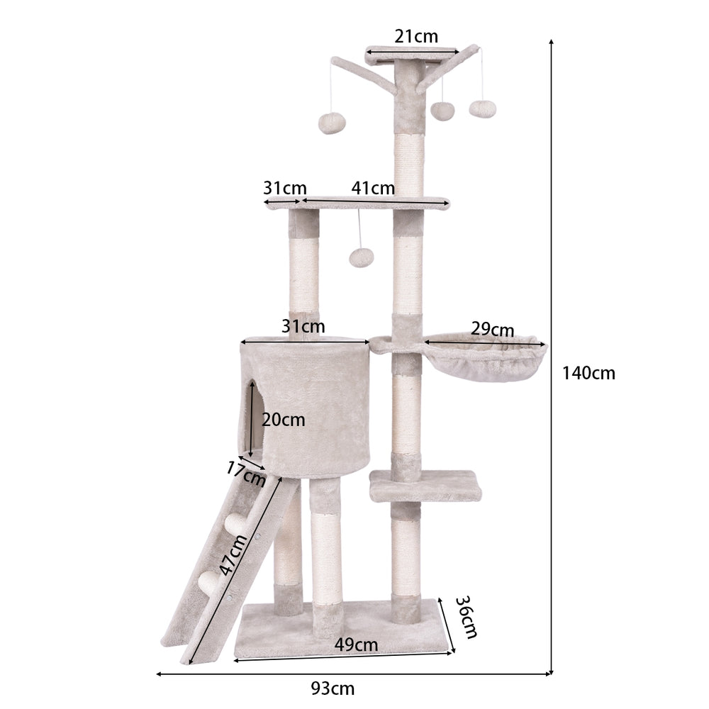 Cat play tree with scratching posts, two platforms, and a cozy hideaway, perfect for climbing and lounging.