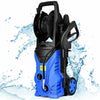 Side view of the 1800W electric pressure washer in blue, featuring a hose reel and adjustable spray wand for easy.