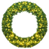 48-inch pre-lit artificial Christmas wreath with 200 warm LED lights, featuring a lush green design for festive decor.