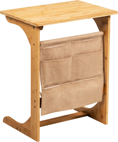 Costway Bamboo Sofa End Bedside Table with Storage Bag 13867920 New