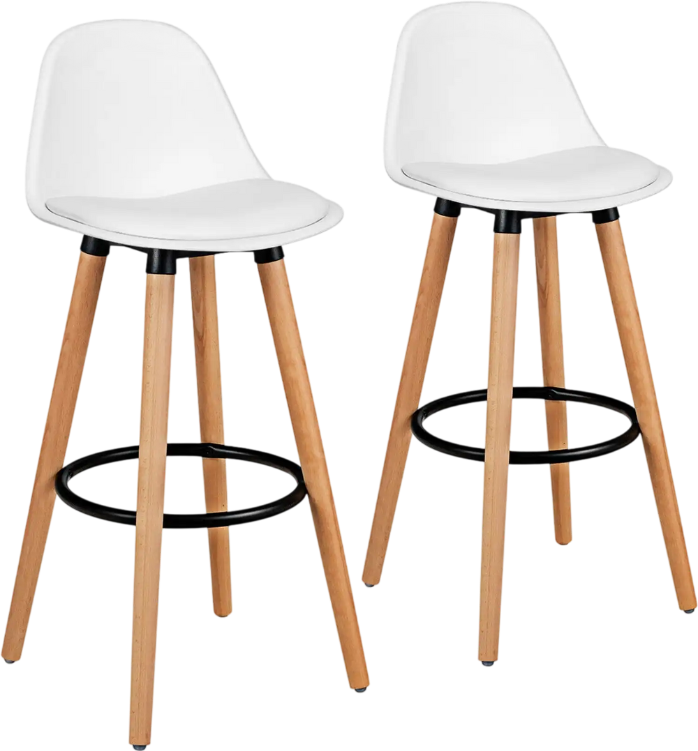 Set of two mid-century barstools with white PU leather seats and beech wood legs, ideal for dining or home bars.