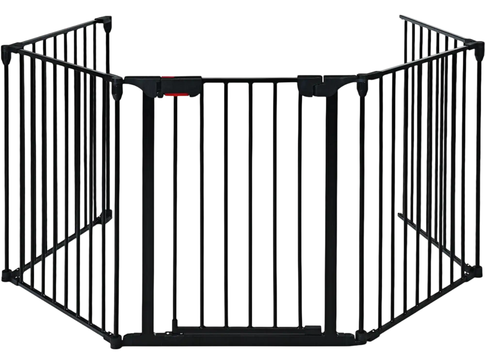 5-panel adjustable black fireplace fence made of heavy-duty steel, ideal as a baby gate or pet playpen for indoor use.