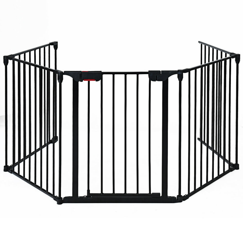 5-panel adjustable black fireplace fence made of heavy-duty steel, ideal as a baby gate or pet playpen for indoor use.