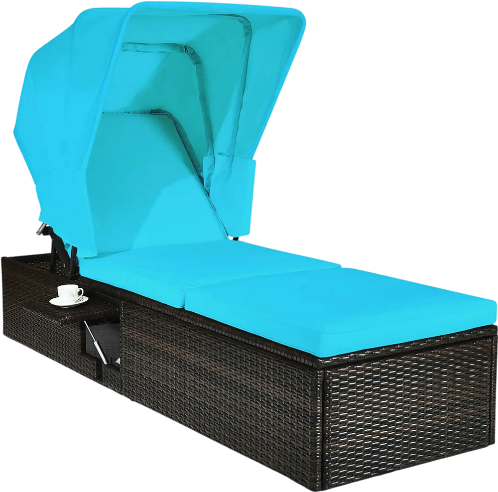 Turquoise outdoor chaise lounge chair with folding canopy, made of weather-resistant PE rattan, ideal for poolside.