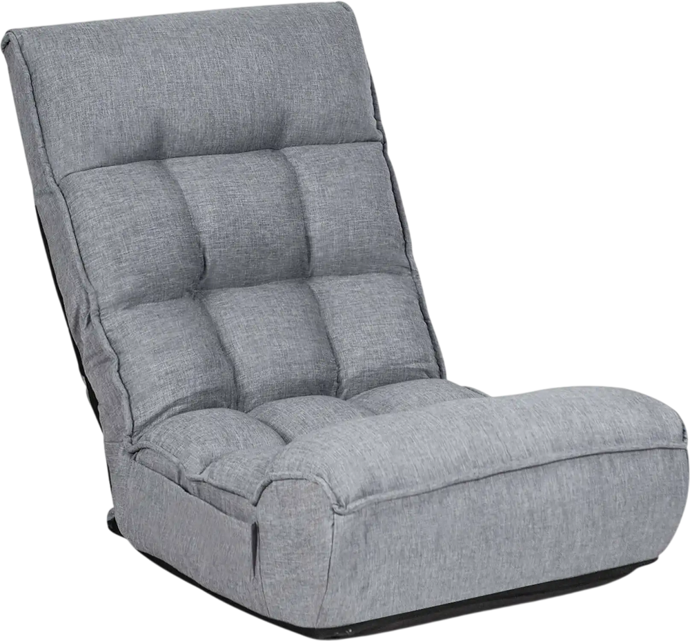 Gray 4-position adjustable floor chair with a sturdy steel frame, perfect for gaming, TV watching, or reading.