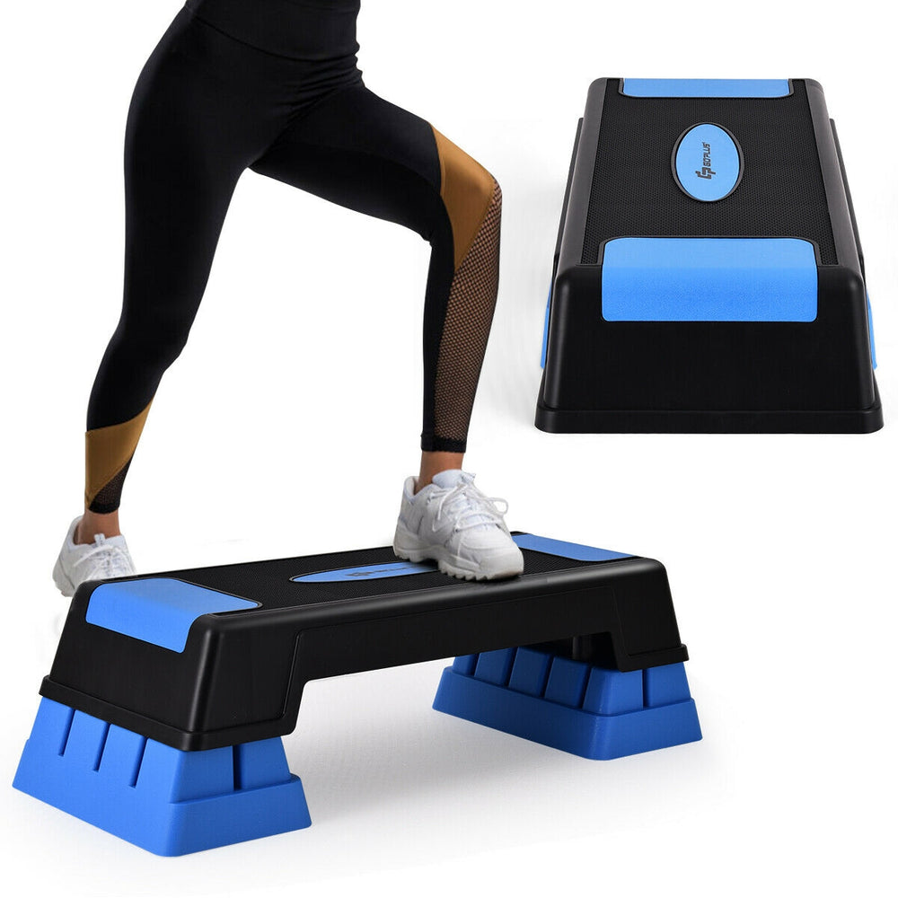 Aerobic exercise stepper trainer in blue with adjustable height, ideal for various workouts and ensuring safety during.
