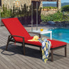Red cushioned patio rattan lounge chaise recliner with adjustable backrest, perfect for outdoor relaxation by the pool.