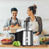 Electric juice press with stainless steel design and 75mm wide feeder chute, ideal for whole fruits and vegetables.