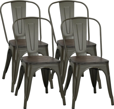Costway Metal Dining Chairs Tolix Style with Stackable Wood Seat 4 Pieces New