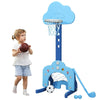 3-in-1 kids basketball hoop set in blue with adjustable height, includes basketball, soccer, and golf games for active.