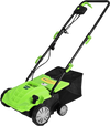 Electric scarifier with collection bag, 12 Amp motor, adjustable depth, and lightweight design for efficient lawn care.