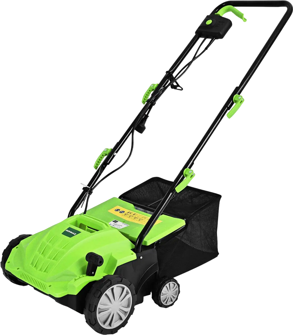 Electric scarifier with collection bag, 12 Amp motor, adjustable depth, and lightweight design for efficient lawn care.