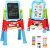 Close-up of the detachable drawing board of the height adjustable kids art easel, showcasing a colorful chalkboard.