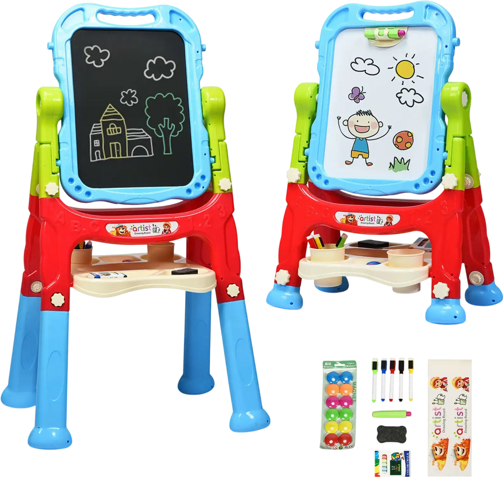 Close-up of the detachable drawing board of the height adjustable kids art easel, showcasing a colorful chalkboard.