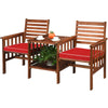 Acacia wood armchairs with plush red cushions and a central coffee table, perfect for outdoor lounging in gardens or.