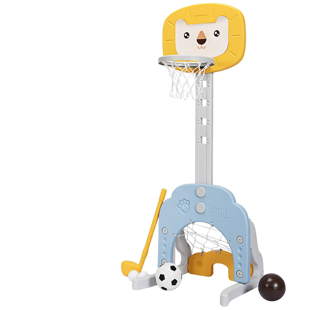 3-in-1 adjustable kids basketball hoop set in yellow with soccer and golf games, suitable for ages 2 to 7, for indoor.