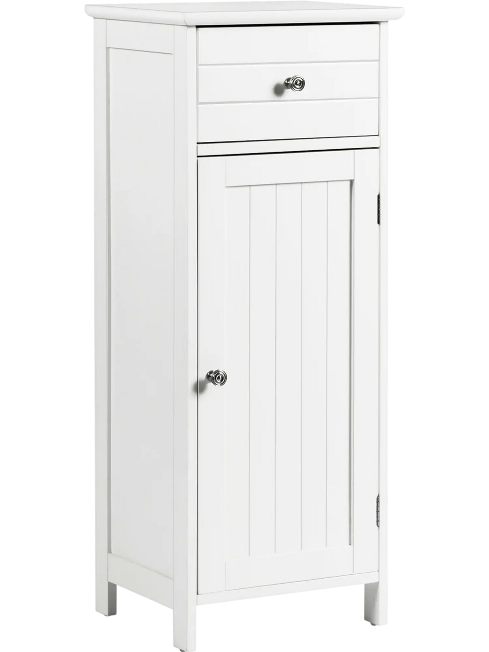 White wooden bathroom floor storage cabinet with drawer and adjustable shelves, perfect for organizing any room.
