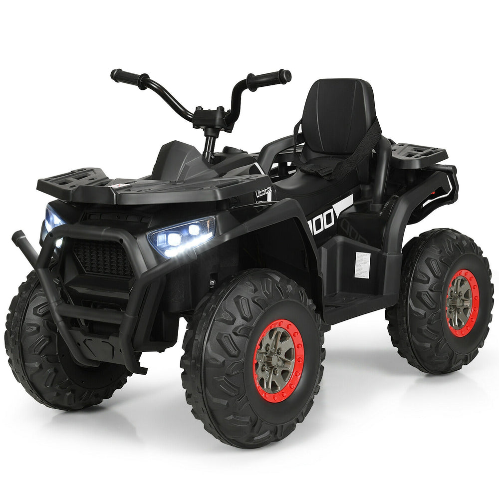 Kids electric 4-wheeler ATV in black with LED lights, MP3, and safety features for fun outdoor driving.