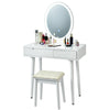 White vanity makeup table set featuring a lighted elliptical mirror, two drawers, and a cushioned stool for comfort.