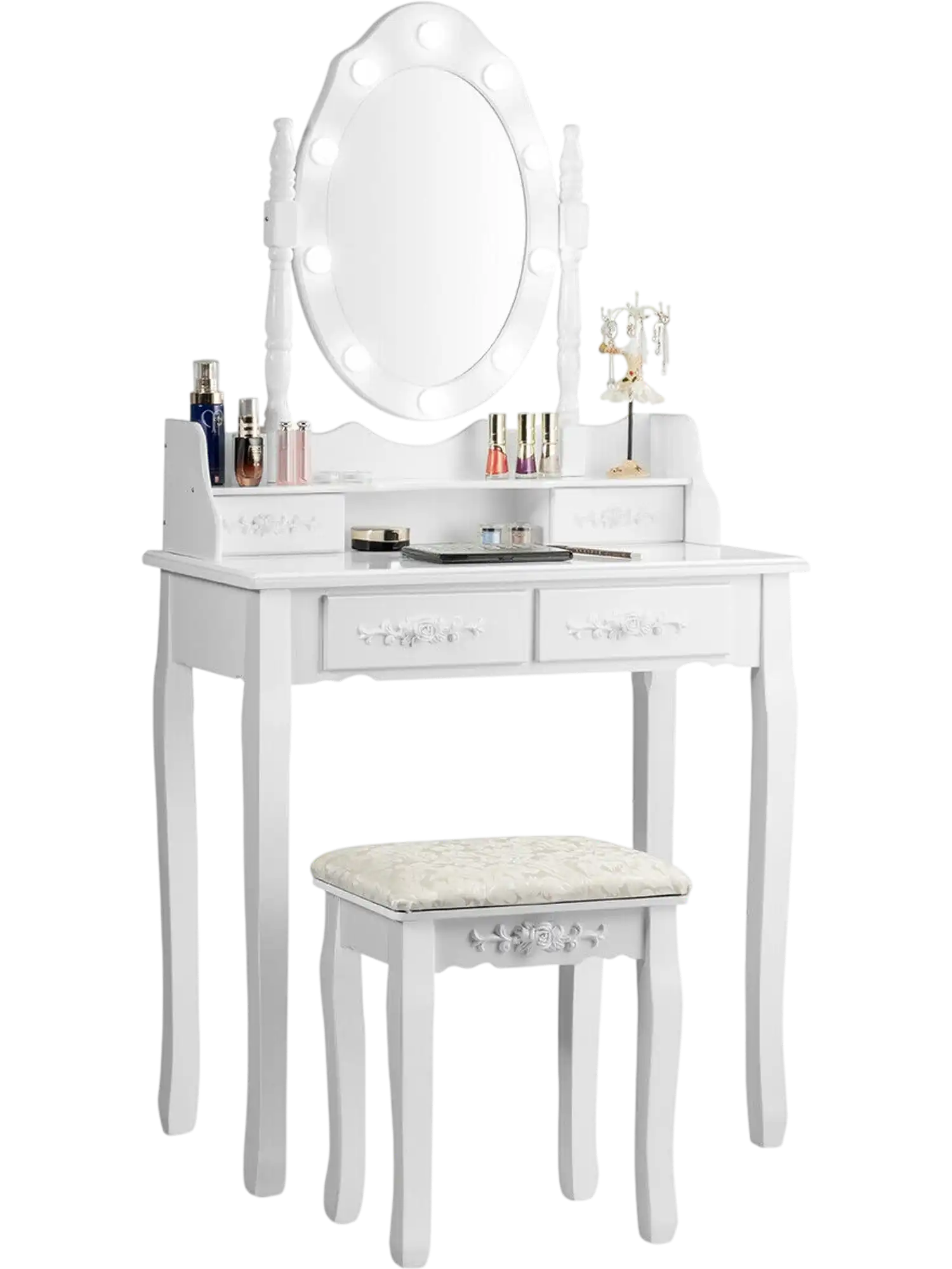 Costway Makeup Vanity Dressing Table Set Dimmable Bulbs Cushioned Stool 20781436 New