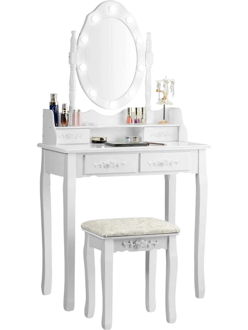 Makeup vanity dressing table set in white with dimmable bulbs, cushioned stool, and four storage drawers for elegant.
