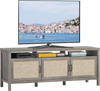 Gray TV stand with solid wood legs and rattan cabinet doors, designed for TVs up to 65 inches, perfect for stylish.