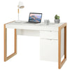 Modern white computer desk with wooden frame, featuring a large drawer and cabinet for efficient workspace organization.