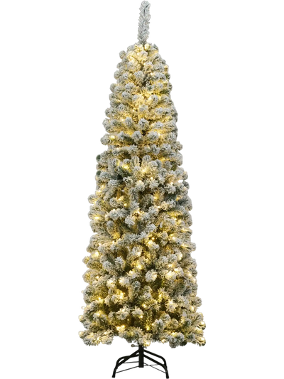 Costway 6' Pre-Lit Snow Flocked Artificial Pencil Christmas Tree 250 LED Lights 73916482 New