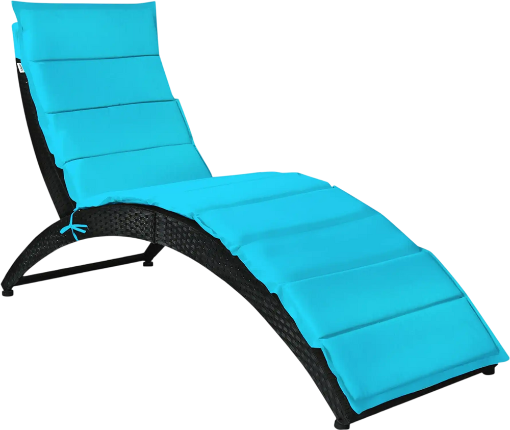 Turquoise folding patio lounge chair with cushion, made of weather-resistant PE rattan and steel, ideal for outdoor.