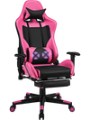 Gaming chair in pink with USB massage lumbar pillow and adjustable footrest, designed for comfort and stability.