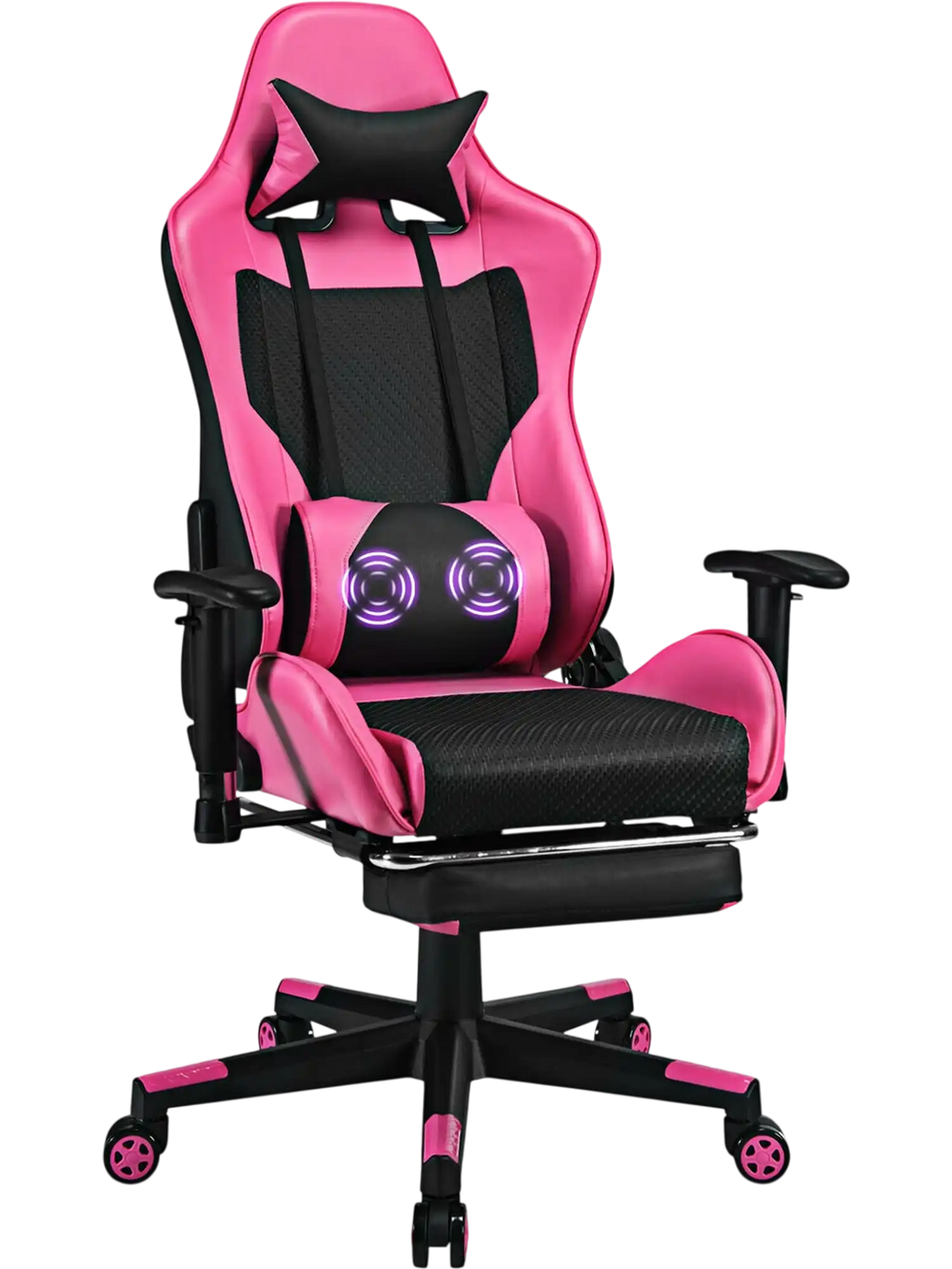Gaming chair in pink with USB massage lumbar pillow and adjustable footrest, designed for comfort and stability.