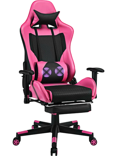 Costway PU Leather Gaming Chair USB Massage Lumbar Pillow Footrest 74285631 New