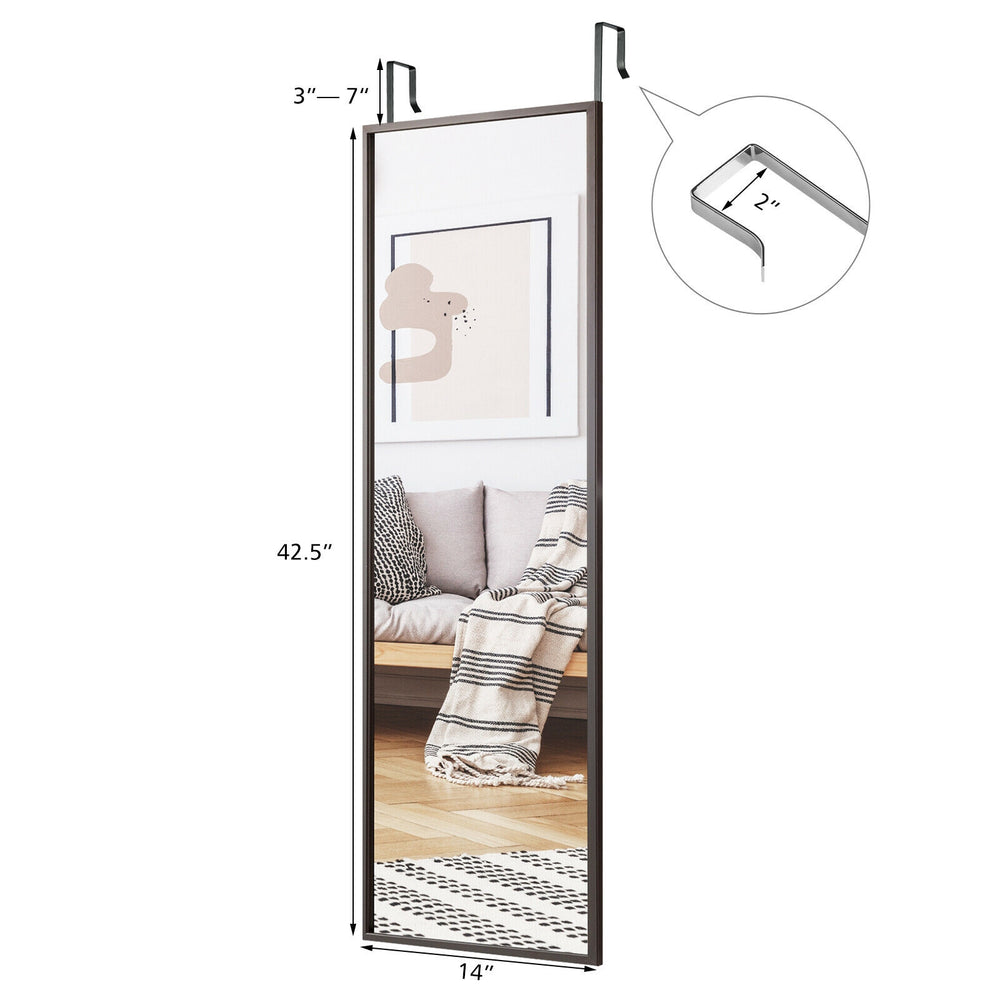 Full length coffee metal door mirror with adjustable hooks, 42.5" x 14", ideal for wall-mounting or door hanging.