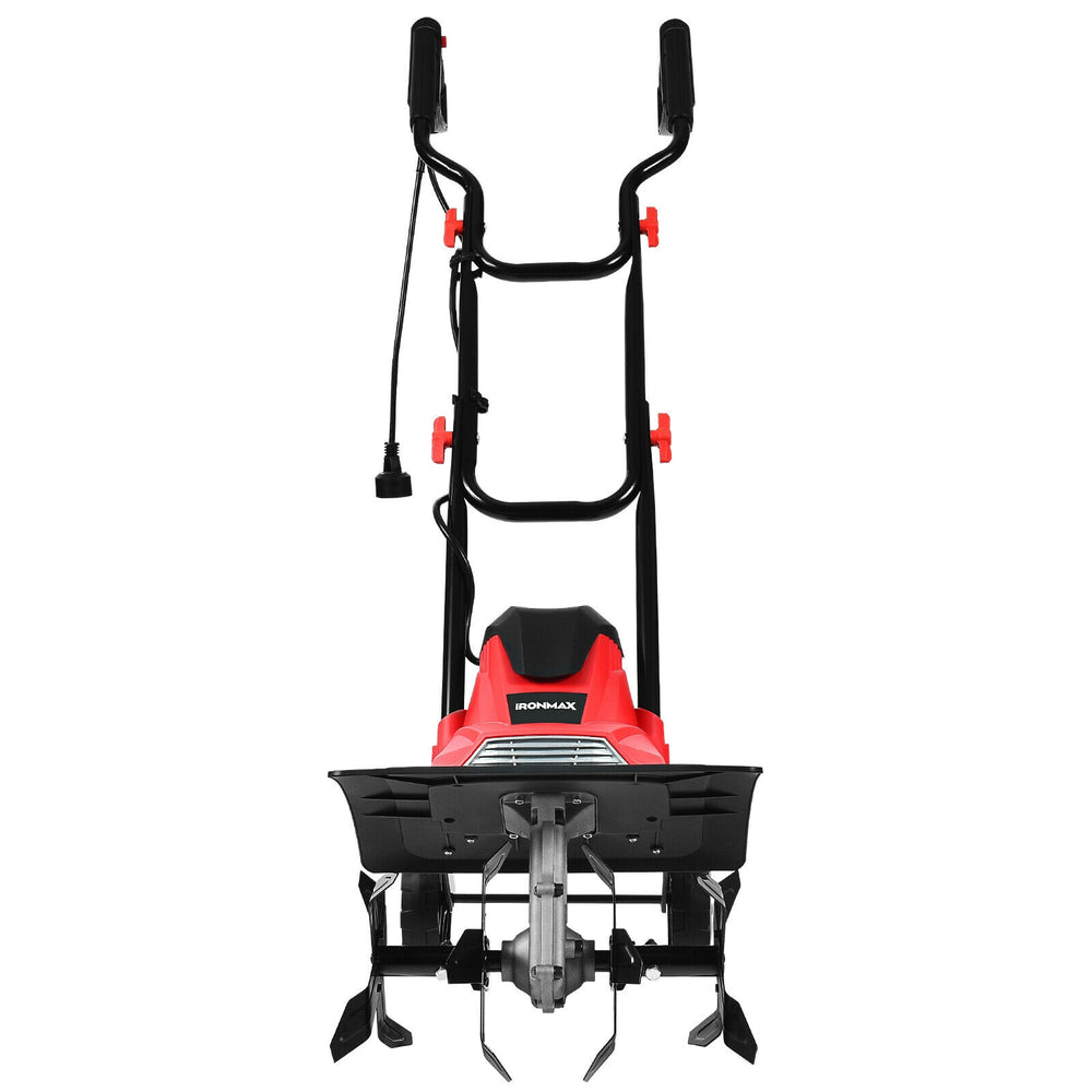 14-inch electric tiller with 10-amp motor and ergonomic handles, ideal for small to medium-sized gardens.