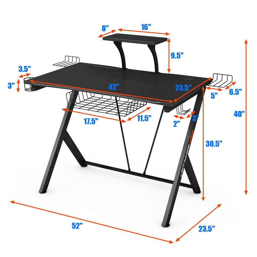 Multifunctional e-sport gaming desk with K-shaped steel frame, cup holder, headphone hook, and ergonomic design for.