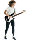 Full-size black electric bass guitar with rose fingerboard, perfect for beginners, shown in a lively practice setting.