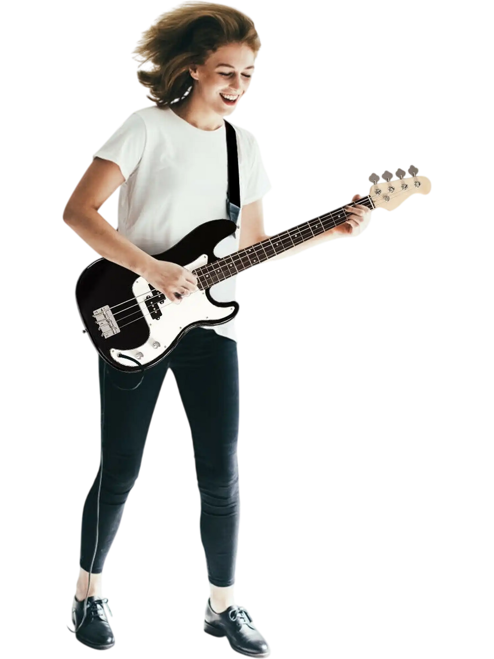 Full-size black electric bass guitar with rose fingerboard, perfect for beginners, shown in a lively practice setting.