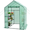 Walk-in greenhouse with observation windows, 56 x 56 x 77 inches, featuring a roll-up door and 8 shelves for plants.