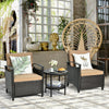 Cushioned patio rattan sofa set with storage table and shelf, featuring durable PE rattan and ergonomic design for.