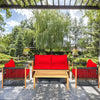 4-piece acacia wood outdoor patio furniture set with red cushions, ideal for relaxation in garden or poolside settings.