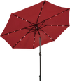 10' dark red solar LED lighted patio umbrella with tilt adjustment and crank for outdoor shading and evening ambiance.