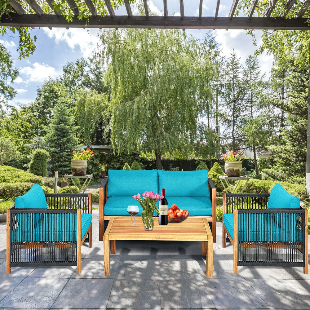 4 Pieces Acacia Wood Outdoor Patio Furniture Set with Cushions-Turquoise - Gallery View 1 of 11