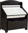 Kids wooden toy storage unit in espresso with 3 removable bins and rolling toy box for easy organization and access.