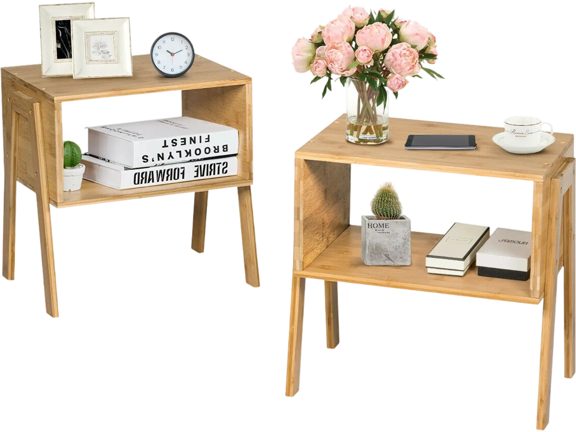 Costway 2-Pc Bamboo Nightstand Sofa Side Table w/ Storage Shelf 72193486 New
