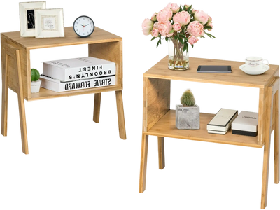 Costway 2-Pc Bamboo Nightstand Sofa Side Table w/ Storage Shelf 72193486 New